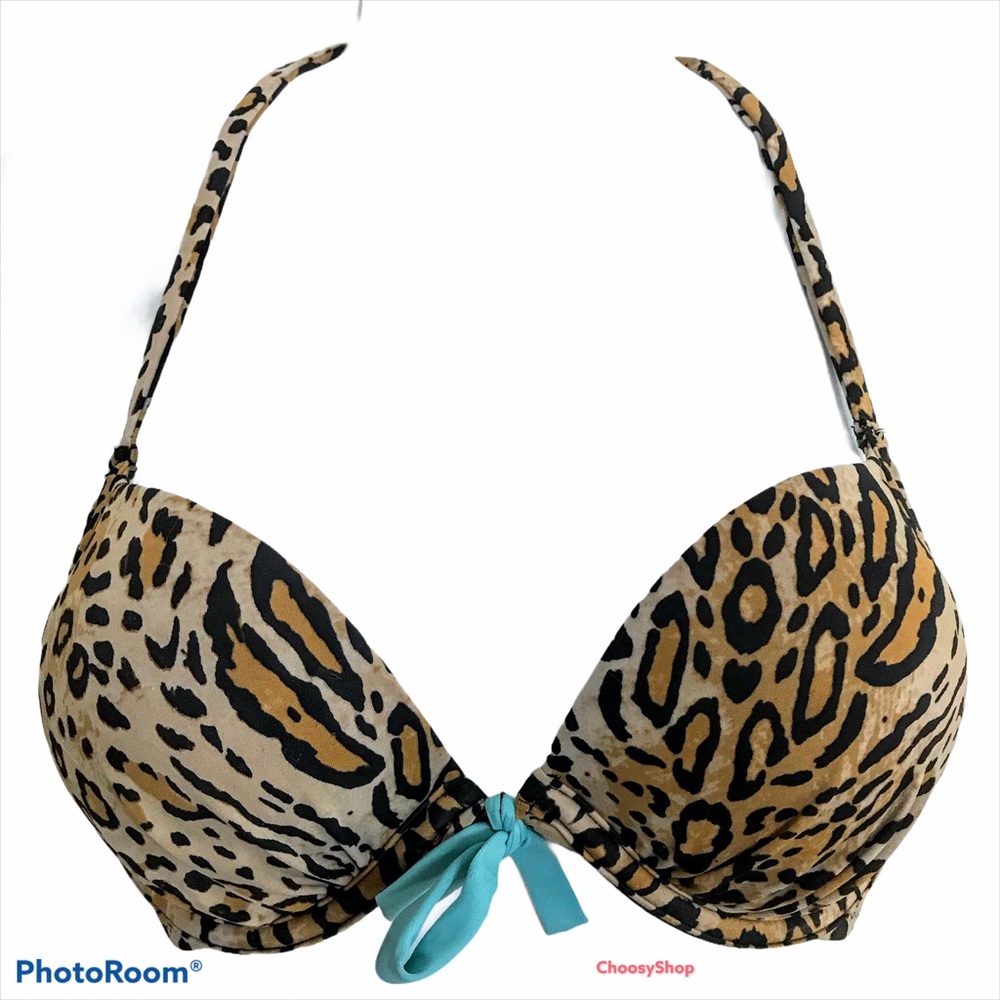 BOMBSHELL Victoria Secret Bikini Top Halter Leopard Push Up Adds 2Cup Sizes 34A